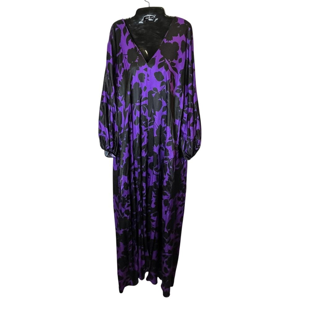 Delfi Collective‎ XL Leah Printed Babydoll Maxi Dress Purple Black Silk Pockets